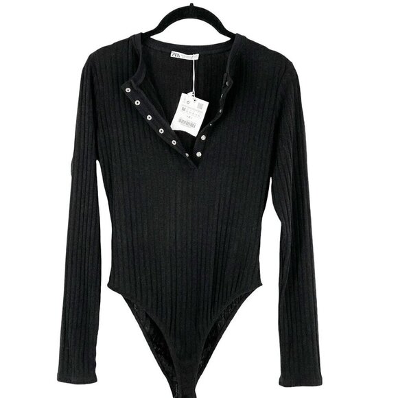 NWT Zara Bodysuit Black Long Sleeve Henley Neckline Snap Closure Ribbed Medium - Picture 1 of 9
